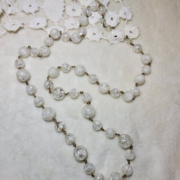 🎀1970s Vintage Icy Clear Art Deco Rock Crystal Crackled Beaded 18" Necklace - Picture 8 of 10